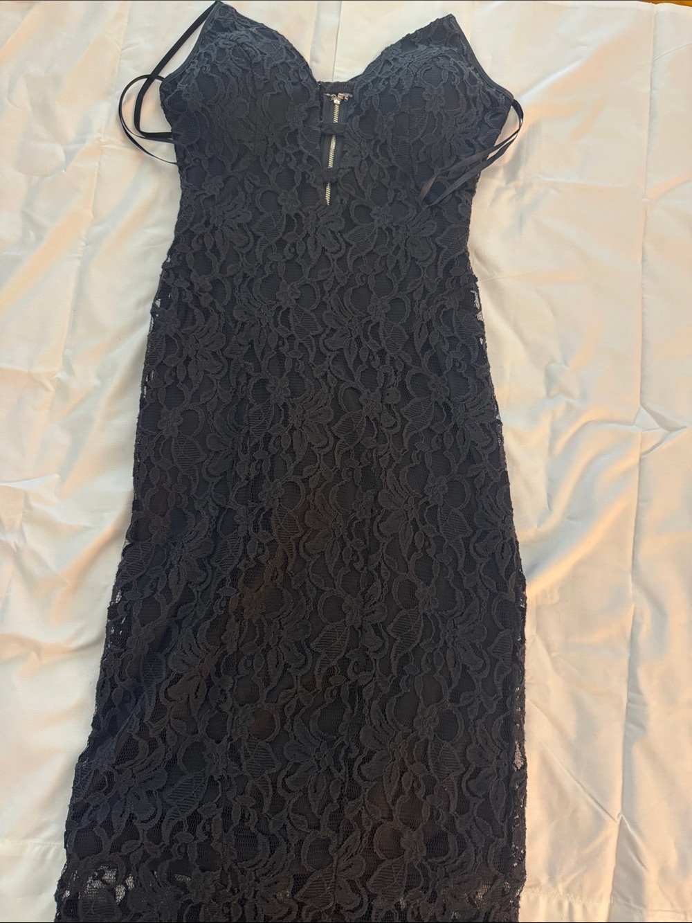 bebe Black Lace Midi Dress with Spaghetti Straps